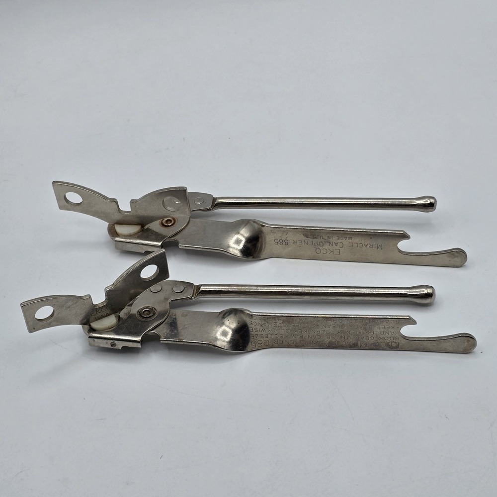 2 Vintage Ekco Miracle Can Openers 885 Metal Hand Held Mouse Ear USA